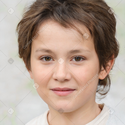 Joyful white child female with medium  brown hair and brown eyes