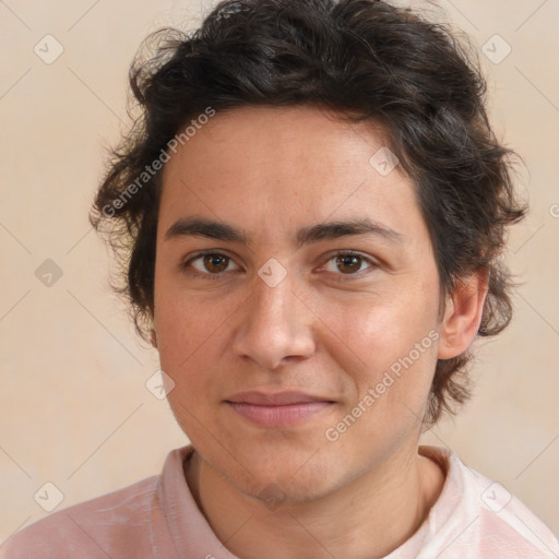 Joyful white young-adult male with medium  brown hair and brown eyes