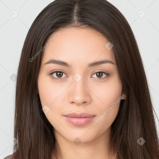 Neutral white young-adult female with long  brown hair and brown eyes