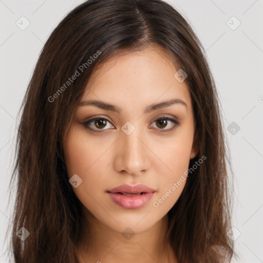 Neutral white young-adult female with long  brown hair and brown eyes