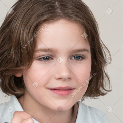 Joyful white child female with medium  brown hair and brown eyes