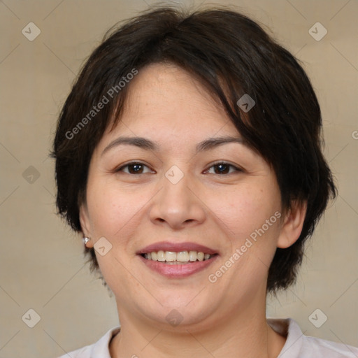 Joyful white adult female with medium  brown hair and brown eyes