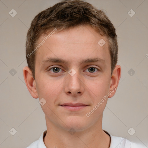 Neutral white young-adult male with short  brown hair and grey eyes