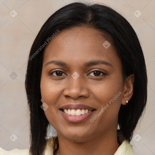 Joyful latino young-adult female with medium  brown hair and brown eyes