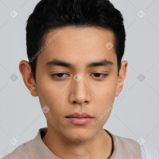 Neutral asian young-adult male with short  black hair and brown eyes