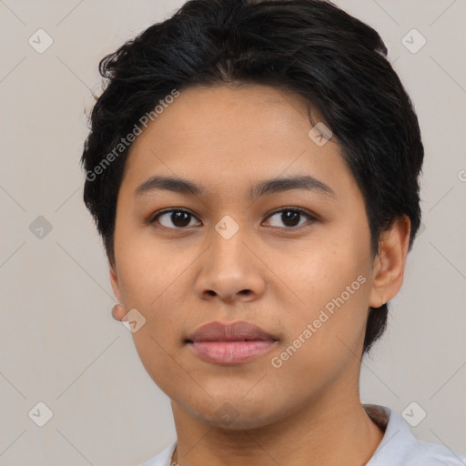 Neutral asian young-adult female with short  black hair and brown eyes