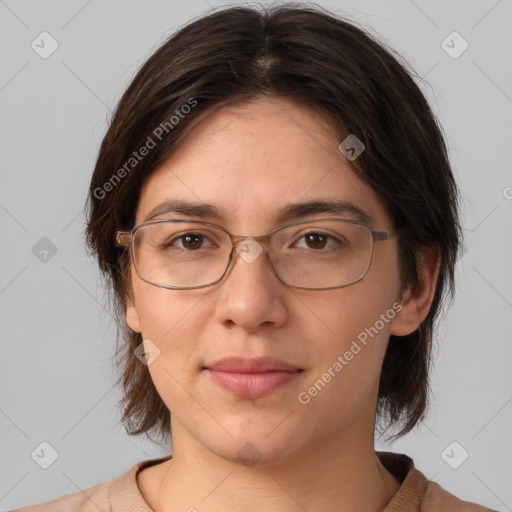 Joyful white adult female with medium  brown hair and brown eyes