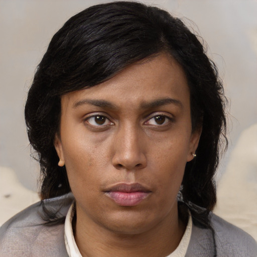 Neutral latino young-adult female with medium  brown hair and brown eyes
