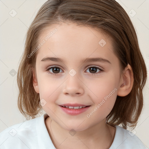 Joyful white child female with medium  brown hair and brown eyes