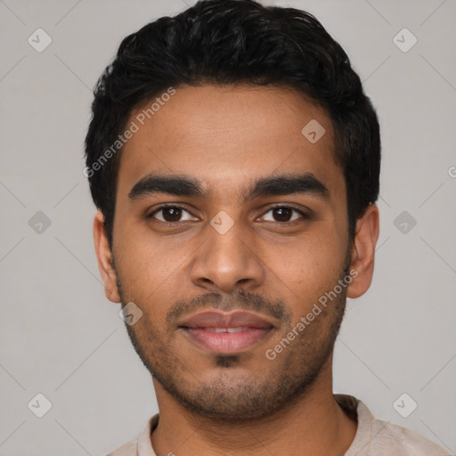 Neutral latino young-adult male with short  black hair and brown eyes