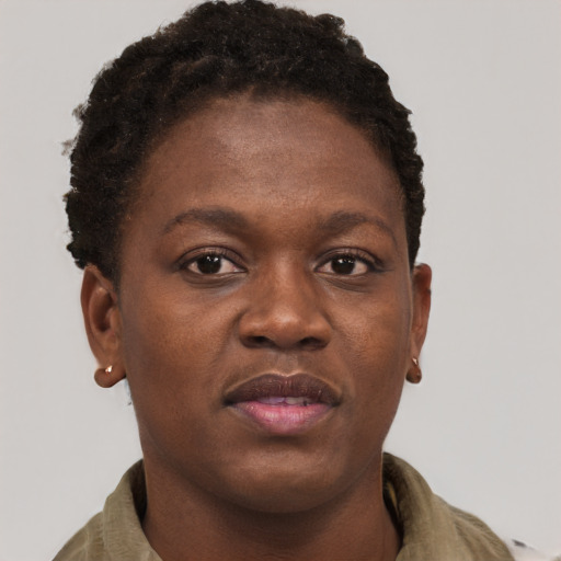 Joyful black young-adult female with short  brown hair and brown eyes