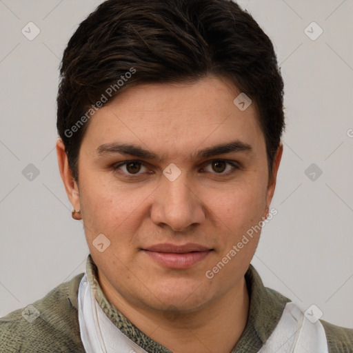 Joyful white young-adult female with short  brown hair and grey eyes