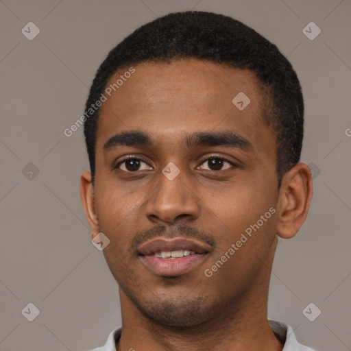 Neutral black young-adult male with short  black hair and brown eyes