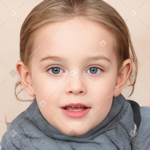 Joyful white child female with medium  brown hair and blue eyes