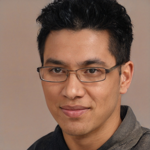 Joyful white adult male with short  black hair and brown eyes