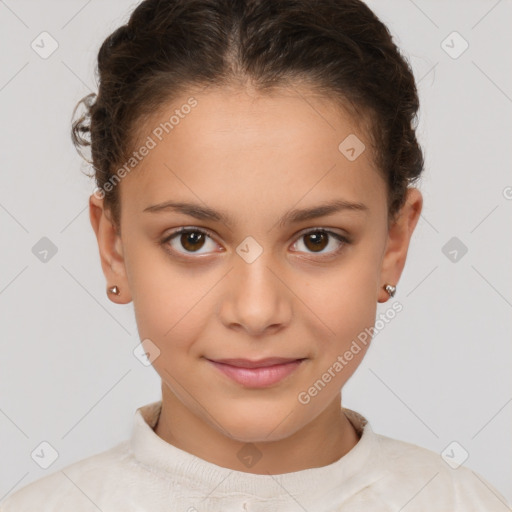 Joyful white child female with short  brown hair and brown eyes