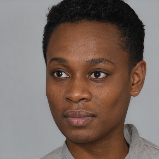 Neutral black young-adult female with short  black hair and brown eyes