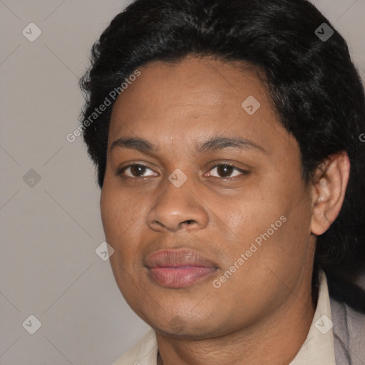 Joyful black adult female with short  black hair and brown eyes