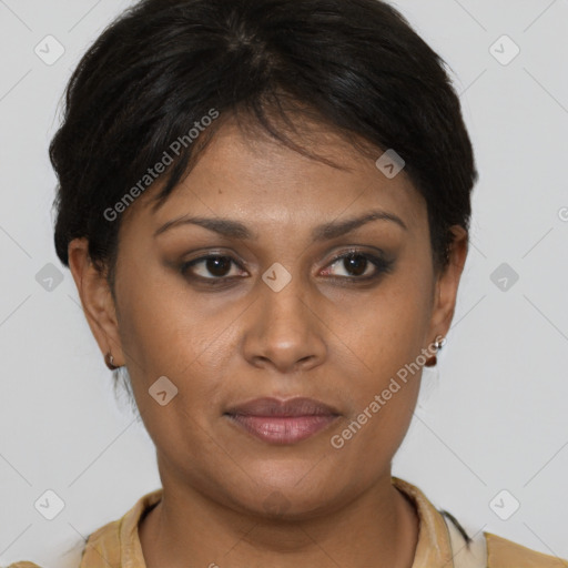 Joyful latino young-adult female with short  brown hair and brown eyes