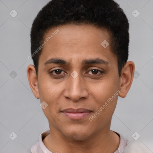 Joyful latino young-adult male with short  black hair and brown eyes