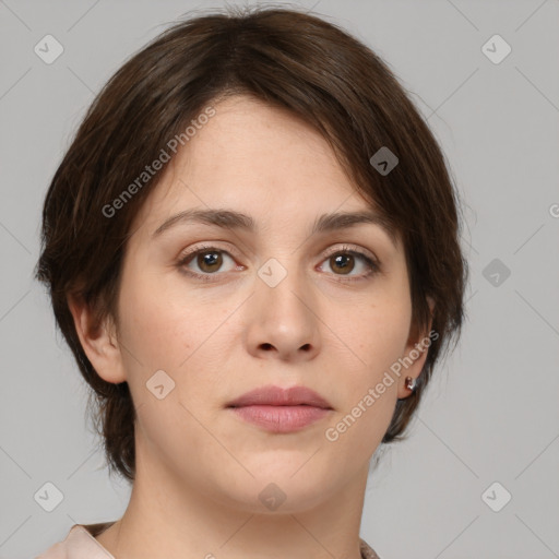 Neutral white young-adult female with medium  brown hair and brown eyes