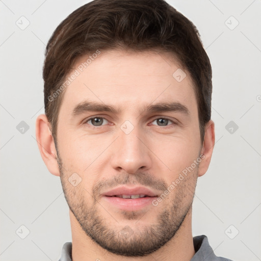 Neutral white young-adult male with short  brown hair and brown eyes