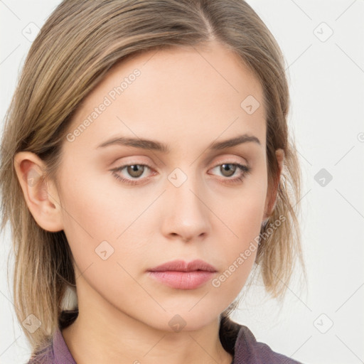 Neutral white young-adult female with long  brown hair and grey eyes