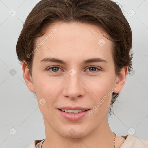 Joyful white young-adult female with short  brown hair and brown eyes