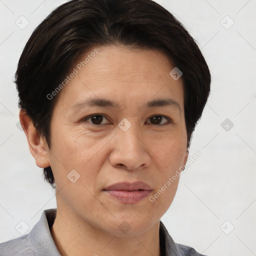 Joyful white adult female with short  brown hair and brown eyes