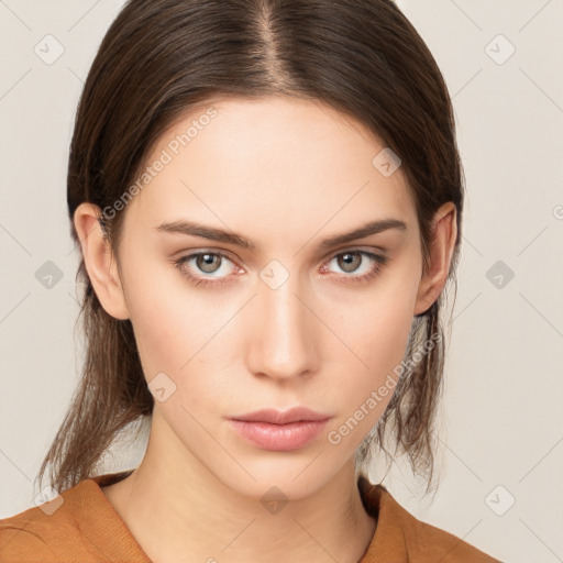 Neutral white young-adult female with medium  brown hair and brown eyes