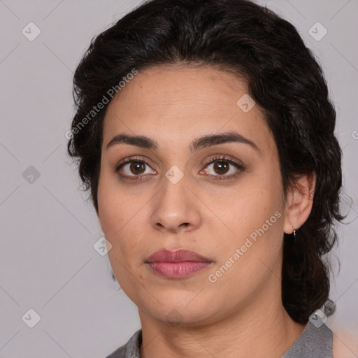 Neutral white young-adult female with medium  brown hair and brown eyes