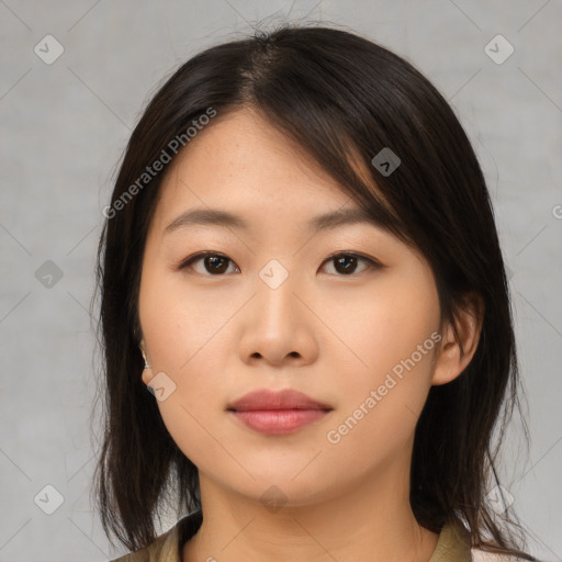 Neutral asian young-adult female with medium  brown hair and brown eyes