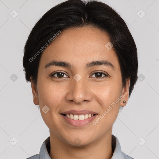 Joyful white young-adult female with medium  brown hair and brown eyes