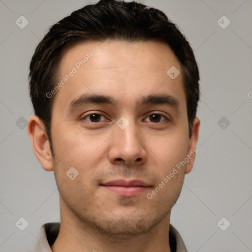 Joyful white young-adult male with short  brown hair and brown eyes