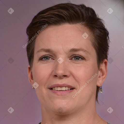 Joyful white adult female with short  brown hair and brown eyes