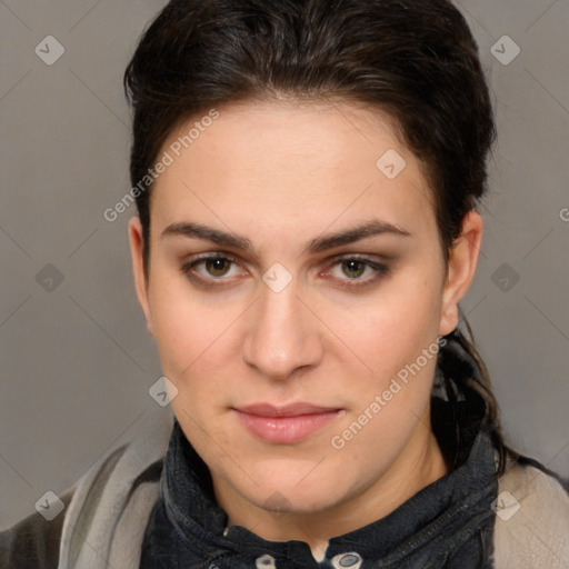 Joyful white young-adult female with medium  brown hair and brown eyes