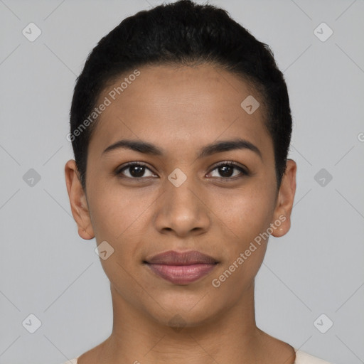 Joyful latino young-adult female with short  black hair and brown eyes