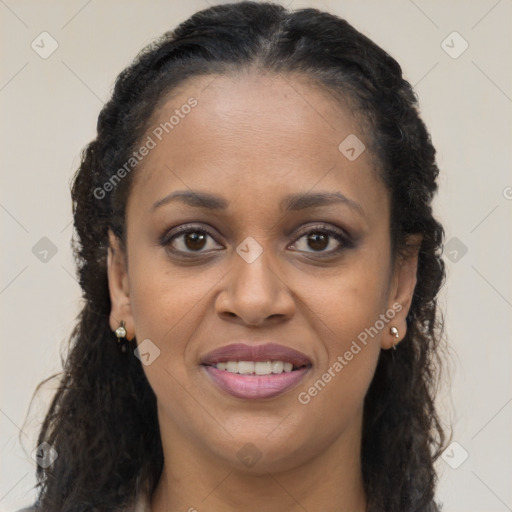 Joyful latino young-adult female with long  brown hair and brown eyes