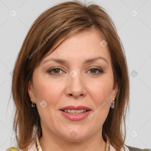 Joyful white adult female with medium  brown hair and grey eyes