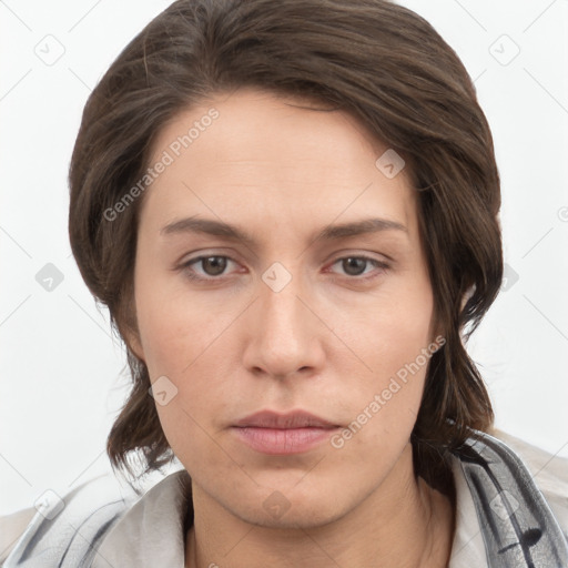 Neutral white young-adult female with medium  brown hair and brown eyes