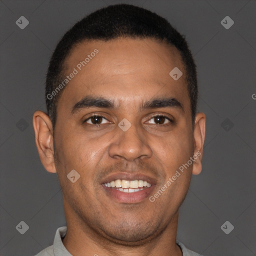 Joyful black young-adult male with short  brown hair and brown eyes