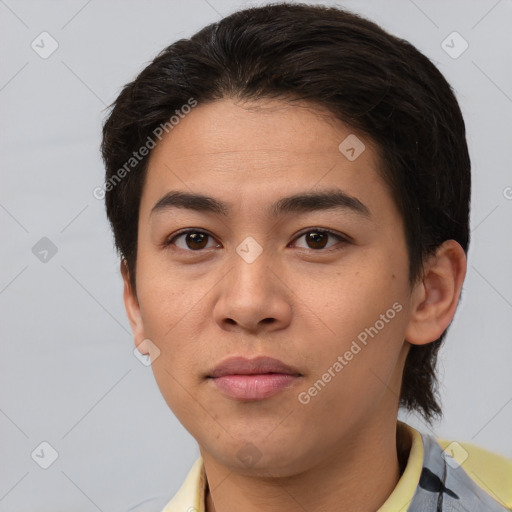 Neutral white young-adult female with short  brown hair and brown eyes