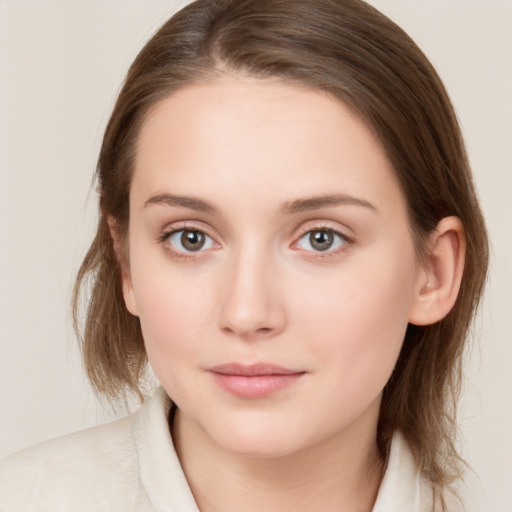 Neutral white young-adult female with medium  brown hair and grey eyes