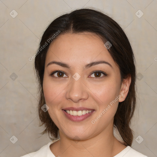 Joyful white young-adult female with medium  brown hair and brown eyes