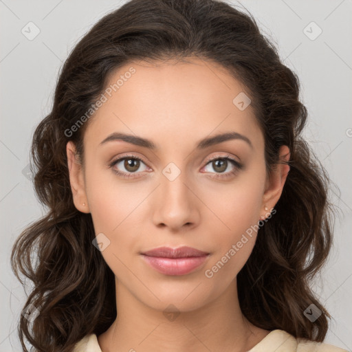 Neutral white young-adult female with medium  brown hair and brown eyes