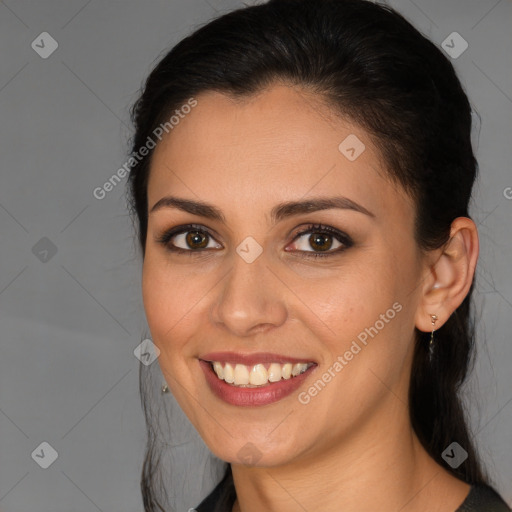 Joyful white young-adult female with long  brown hair and brown eyes