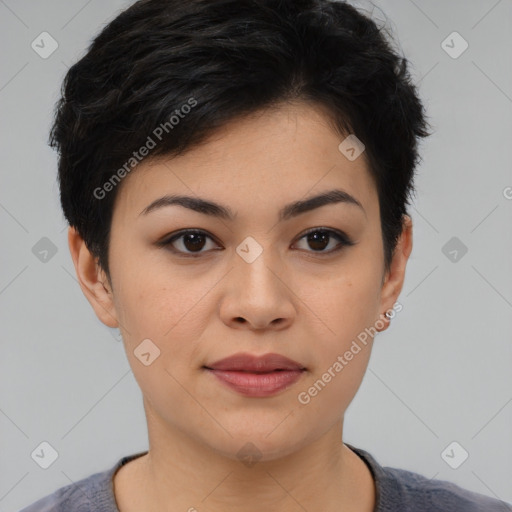 Joyful asian young-adult female with short  black hair and brown eyes