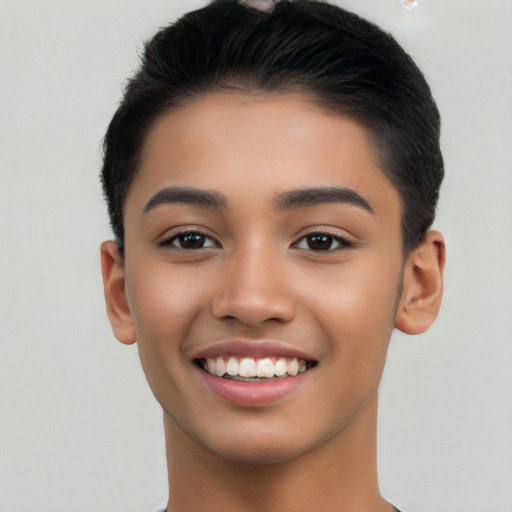 Joyful latino young-adult female with short  black hair and brown eyes