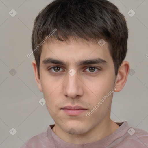 Neutral white young-adult male with short  brown hair and brown eyes