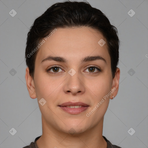 Joyful white young-adult female with short  brown hair and brown eyes